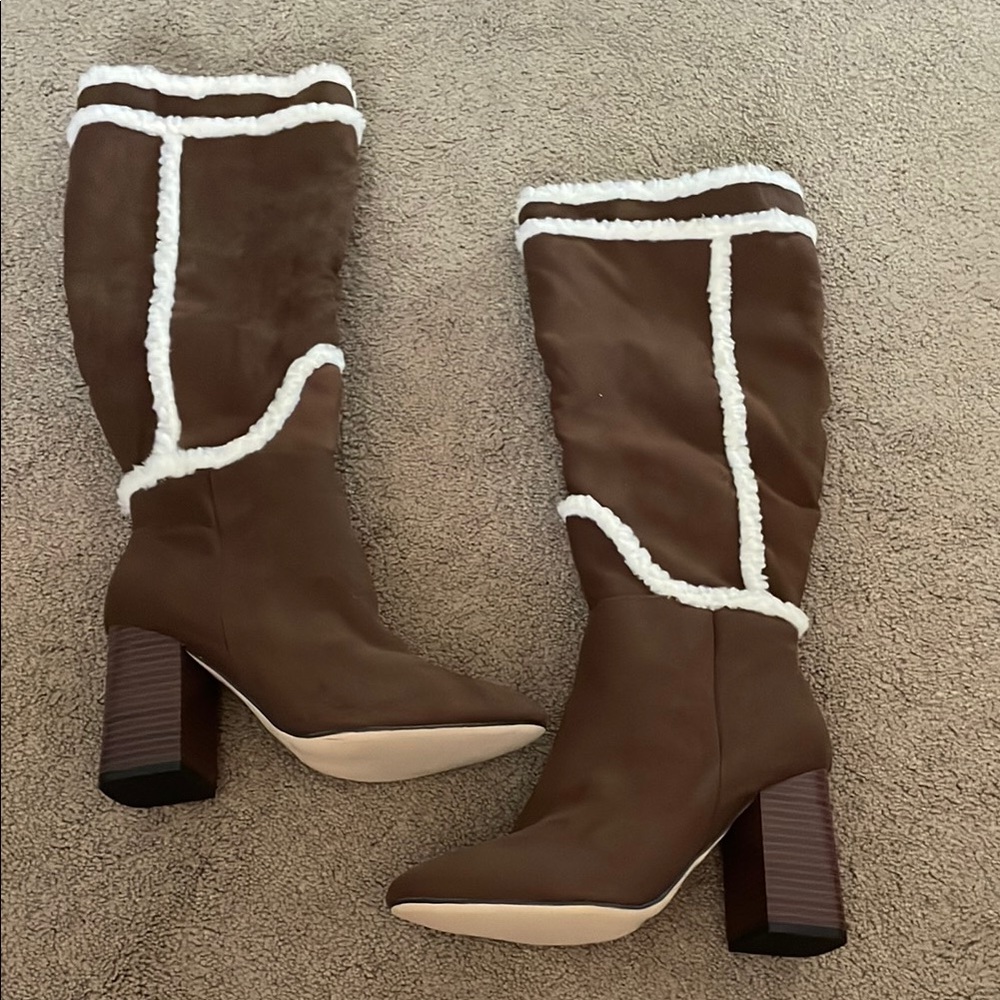 Brown Knee-High Boots with White Sherpa Trim
